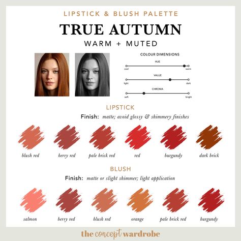 the concept wardrobe | Lipstick & Blush palette for True Autumn. This article is a comprehensive guide to the True Autumn make-up palette. True Autumn is the combination of warm and muted in the seasonal colour analysis. Find out which make-up colours look best on the warmest of the 12 seasonal types. Classic Autumn Palette, Concept Wardrobe True Autumn, True Autumn Lipstick Palette, True Autumn Blush, Warm Autumn Lipstick Colors, True Autumn Lipstick Colour, Warm Autumn Color Analysis, Warm Autumn Lipstick, True Autumn Lipstick