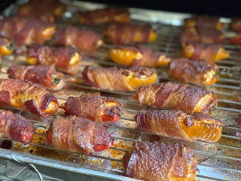 Bacon Wrapped Peppers, Meat Sweats, Mini Sweet Peppers, Brine Recipe, Bell Pepper Recipes, Stuffed Mini Peppers, Sweet Pepper, Sweet Peppers, Smoked Cooking