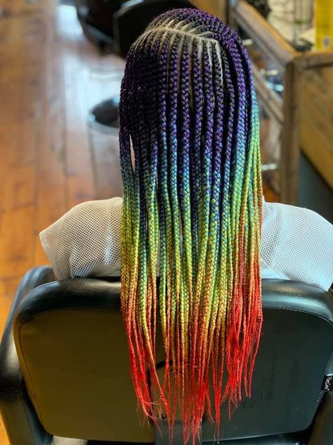 Rainbow Braids For Black Women, Feed In Braids Over Locs, Rainbow Braids For Kids, Rainbow Box Braids, Rasta Braids, Braids For Black Kids, Aria Hair, Holiday Braids, Hair Braid Designs