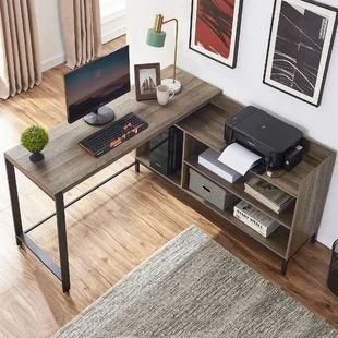 George Oliver Newcastle L-Shape Executive Desk | Wayfair Shelves For Books, Small Printer, L Shaped Executive Desk, L Shape Desk, Open Bookshelves, Office Layout, Wayfair Furniture, Desk Office, Black Desk