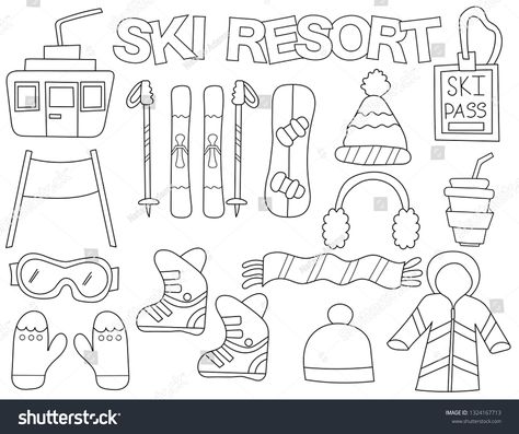 Ski resort set of icons and objects. Hand drawn doodle winter skiing and snowboarding sports design concept. Black and white outline coloring page game. Monochrome line art. Vector illustration. #Ad , #ad, #winter#doodle#drawn#sports Skiing Coloring Pages, Snowboard Doodle, Ski Doodle, Skiing Drawing, Bujo January, Ski Drawing, Black And White Outline, Visuell Identitet, Art Vector Illustration