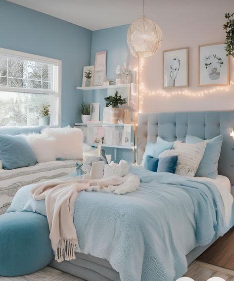 Room Ideas Aesthetic Blue And White, Sky Blue Bedroom Walls Decorating Ideas, Light Blue Teenage Girl Bedroom, Preteen Girls Bedroom Ideas Blue, Teen Girl Blue Bedroom Ideas, Teen Girl Bedroom Ideas Blue, Baby Blue Bedroom Aesthetic, Blue Girls Bedroom Ideas, Teal Room Aesthetic