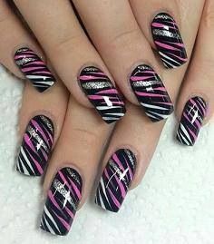 Zebra Valentine Nails, Nail Designs With Striping Tape Ideas, Zebra Nails Acrylic, Zebra Print Nails Designs, Zebra Stripe Nails, Tiger Stripe Nails, Rockabilly Nails, Pink Zebra Nails, Zebra Nail Designs