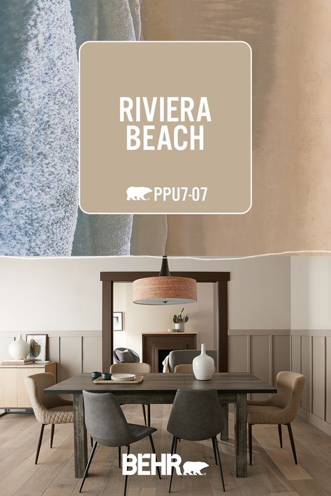 Painting with Riviera Beach is like playing in the sand on a warm summer day. Riviera Beach Behr Paint, Behr Riviera Beach, Dessert Sand Paint Color, Beach Sand Paint Color, Spanish Sand Behr Paint, Sand Colored Walls, Sand Paint Color, Beach Paint Colors, Behr Exterior Paint