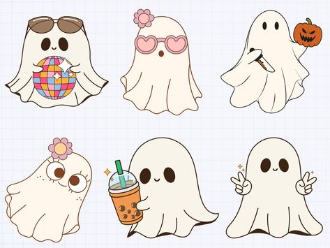 Funny Ghost Drawing, Cute Ghost Clipart, Drawing Ideas Ghost, Cute Ghost Drawings, Small Easy Drawings, Ghost Doodle, Cute Cartoon Ghost, Boho Ghost, Ghost Clipart