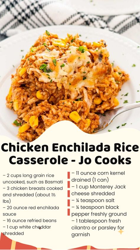 Chicken Enchilada Rice Casserole and be on your dinner table in less than 1 hr. The cheesy, hearty flavor is what makes this dish amazing. Chicken Enchilada Casserole With Rice, Chicken Enchiladas With Rice, Chicken Enchilada Rice Casserole, Enchilada Rice Casserole, Chicken Enchilada Rice, Enchilada Rice, Cheesy Chicken Enchiladas, Red Enchiladas, Jo Cooks