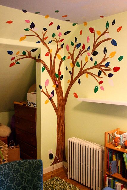 Sticker Tree | Sticker leaves on a painted tree branch in Ma… | Flickr How To Paint A Tree On A Wall, Tree Painting On The Wall, Tree Design On Wall, Tree Wall Painting, Simple Wall Paintings, Nursery Tree, Tree Branch Wall Decor, Life Stickers, Creative Wall Painting