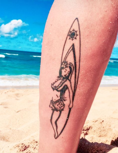 Hula Girl Tattoo, Hula Girl Tattoos, Vertical Tattoo, Vintage Surfboard, Dancer Tattoo, Vintage Surfboards, Hula Dancers, Leg Tattoo, Girl Tattoo