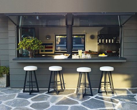 Kitchen pass-thru with lift-up windows; no sill/track Replace Windows, Pass Through Kitchen, Kitchen Window Bar, Kitchens Designs, Kitchen Pass, Stools Kitchen, Window Bars, Malibu Home, Indoor Outdoor Kitchen