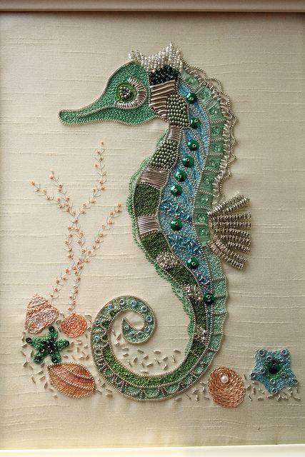 Seahorse embroidery | Flickr - Photo Sharing! by the talented StitchingDreams, kit by rajmahal Seahorse Art, Gold Work, Embroidery Inspiration, Ribbon Embroidery, Embroidery And Stitching, Beautiful Embroidery, Crazy Quilts, Embroidery Projects, Fabric Art