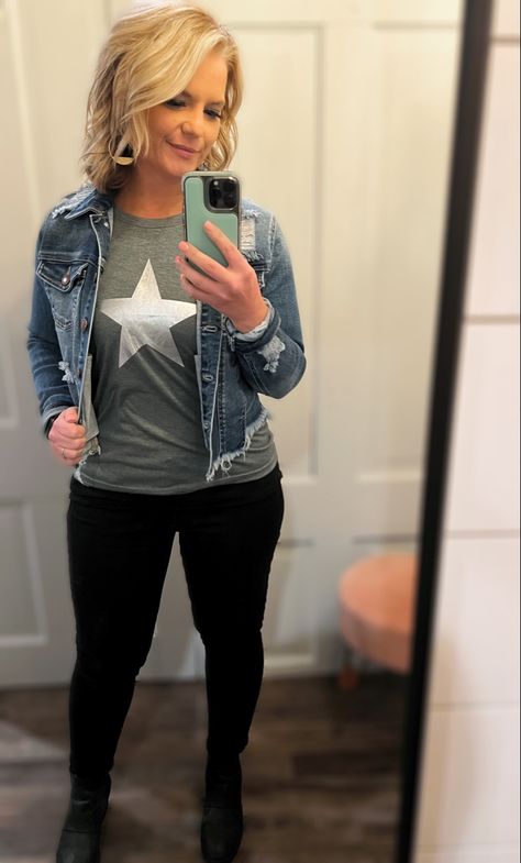 This star tank is perfeft under the most comfortable Jean jacket made!! Shop this look ans so much more at Beautiful Junque Boutique Star Outfit, Most Comfortable Jeans, Vintage Repurposed, Scarf Belt, Mitten Gloves, Be Inspired, Skirt Pants, Mother Daughter, Boutique Clothing