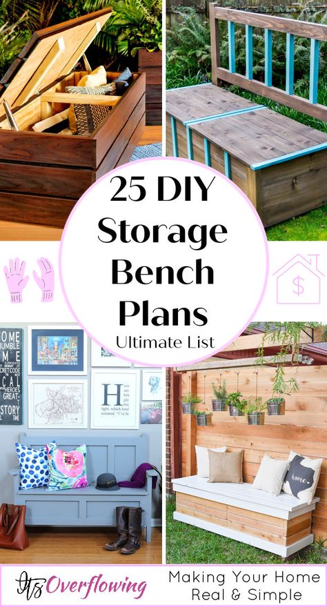 25 Easy To Build DIY Storage Bench Plans - diy bench with storage Diy Storage Bench Plans, Build A Storage Bench, Storage Bench Plans, Entry Storage Bench, Corner Bench With Storage, Rustic Storage Bench, Diy Bench Seat, Mudroom Storage, Diy Entryway Bench