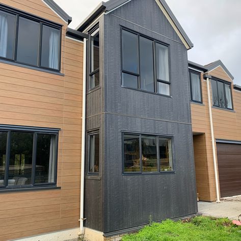 Just finished Local Cladspiration in Christchurch with Cemintel Territory™ Woodlands Teak and Woodlands Ebony. A great combination of the light and dark wood look. Render And Timber Cladding, Stria Cladding, Charred Larch Cladding, Scyon Linea Cladding, Colour Steel Cladding Nz, Cladding Systems, Cladding Panels, Light And Dark, Christchurch