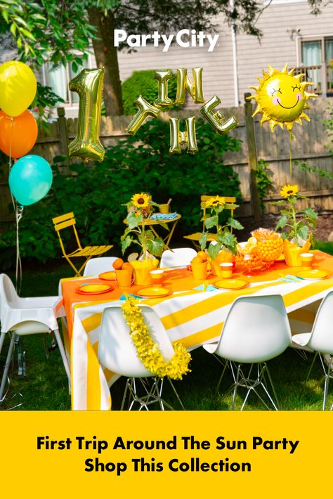 Looking for ways to elevate your First Trip Around The Sun birthday party? Shop this collection to transform your party space into a golden paradise filled with sunshine and sunflowers. Find more First Trip Around The Sun must-haves at Party City. Sun Decorations, One In The Sun, Sun Birthday Party, Summer Table Decorations, Sun Birthday, First Trip Around The Sun, Baby Birthday Themes, Balloon Shop, First Birthday Themes