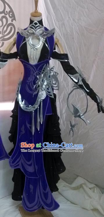 Custom Chinese Traditional Female Warrior Purple Dress Outfits Ancient Princess Clothing Cosplay Swordswoman Garment Costumes Fantasy Purple Cosplay Costume For Costume Party, Purple Fantasy Costume Party Dress, Purple Fantasy Cosplay Costume, Armor Dress Purple, Purple Dress Outfits, Ancient Princess, Princess Clothing, Chinese Hanfu Purple, Chinese Armor