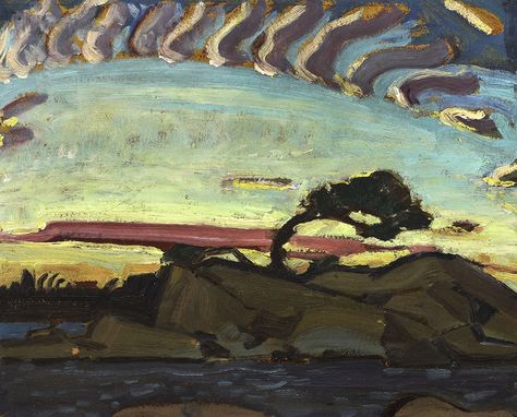 Oil painting of rocks with a windswept pine tree on top, surrounded by water. The sky is mostly blue with pink, purple and orange areas. Arthur Lismer, Group Of Seven Artists, Group Of Seven Paintings, Tom Thomson, Emily Carr, Canadian Painters, Canada Images, Group Of Seven, Water Nature