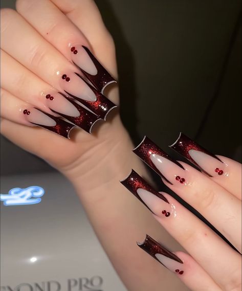 Black French Tip Red Gems, Red Masquerade Nails, Black And Red Crown Quinceanera, Dark Red Prom Nails Acrylic, Black And Red Nails With Rhinestones, Black Nails With Red Gems, Black Silver And Red Nails, Black Nails Red Gems, Red And Black Hoco Nails