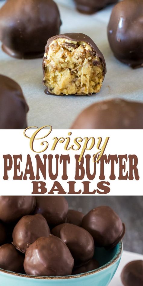 Peanut Butter Balls with Rice Krispies and covered in chocolate - ridiculously delicious No bake peanut butter balls recipe with just 4 ingredients! The best PB and chocolate combination. Crispy Peanut Butter Balls, Rice Krispies Recipe, Peanut Butter Balls Recipe, Chocolate Covered Peanuts, Butter Balls, Candy Recipes Homemade, Christmas Candy Recipes, Dessert Party, Peanut Butter Balls