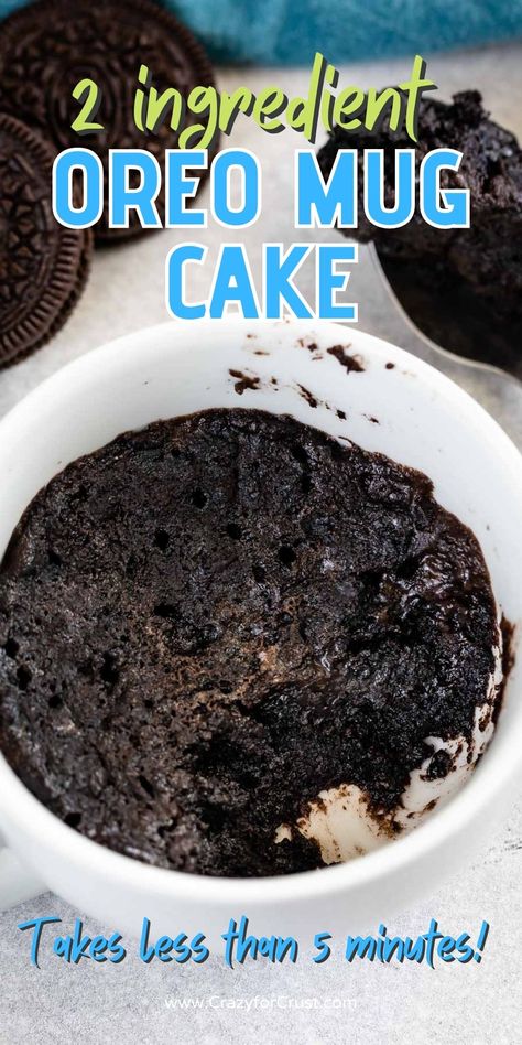 This Oreo Mug Cake might replace the usual way of eating cookies and milk. You make it in the microwave for the best dessert for one ever. Oreo Cake In A Cup Microwave, Oreo Mug Cake Without Baking Powder, Oreo Cake In Cup, Quick Oreo Mug Cake, Easy Oreo Mug Cake Recipe, Oreo Cookie Mug Cake Recipe, Mug Cake 2 Ingredient, 2 Ingredient Cake Recipes, 2 Ingredient Oreo Mug Cake