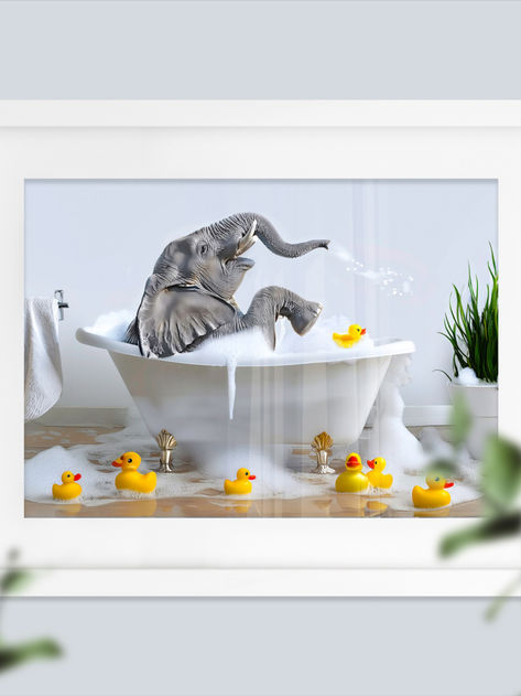 Elephant Bathing, Rubber Ducks, Bathroom Prints, Rubber Duck, Ducks, Elephant, Digital Prints, Humor, Etsy Uk