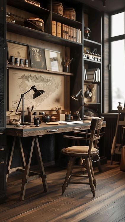 Mens Home Office, Antique Room, Vintage Office Decor, Home Studio Ideas, Vintage Home Office, Cottage Room, Home Studio Setup, Loft Decor, Home Design Plan