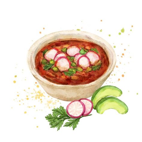 Pozole Drawing, Pozole Aesthetic, Mexican Food Illustration, Mexican Cookbook, Desserts Drawing, Mexican Paintings, Latin American Food, Foodie Art, Recipes Book