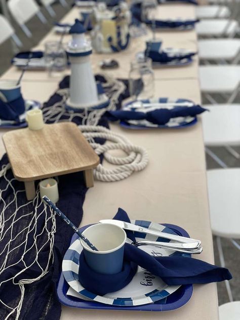 Nautical Table Decorations Centerpieces, Nautical 60th Birthday Party, Nautical Retirement Party, Nautical Reception Decor, Boat Theme Party, Nautical Centerpiece Ideas, Navy Tablescape, Navy Birthday Party, Nautical Party Food