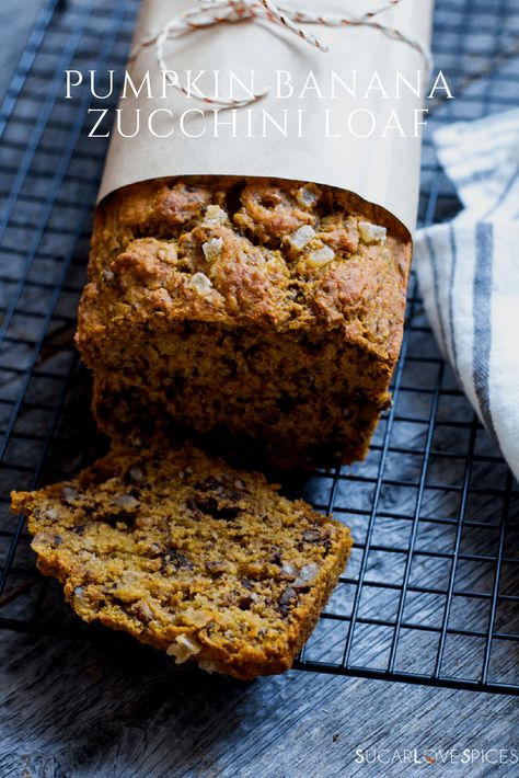 Pumpkin Banana Zucchini Loaf - added another tsp of cinnamon and allspice - no nuts, flaxseed or ginger Pumpkin Banana Zucchini Muffins, Pumpkin Banana Zucchini Bread, Banana Zucchini Bread Recipe, December Recipes, Banana Zucchini Bread, Pumpkin Zucchini, Banana Zucchini, Zucchini Loaf, Zucchini Banana