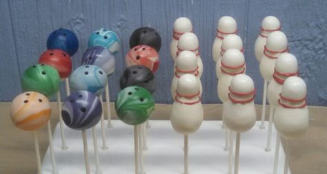 Bowling Ball Cake Pops, Bowling Pin Cake, Bowling Cake Pops, Bowling Cake, 9th Birthday Cake, Kids Birthday Party Food, 7th Birthday Cakes, Bowling Birthday Party, Bowling Birthday