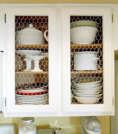 Chicken wire cabinet doors - genius :) Cabinet Facelift, Kitchen Cabinets Upgrade, Diy Kitchen Cabinets Makeover, New Kitchen Cabinets, Kitchen Cabinets Makeover, Cabinet Makeover, Chicken Diy, Kitchen Farmhouse, Diy Kitchen Cabinets