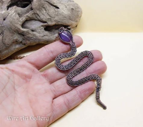 Wire wrapped snake necklace / oxidized copper jewelry / Amethyst Wire Wrapped Snake, Slytherin Fashion, Wrapped Crystal, Oxidized Copper, Wire Wrapping Crystals, Snake Necklace, Wire Wrapped Necklace, Moonstone Jewelry, Wrapped Jewelry