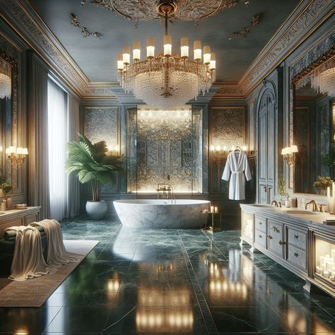 Marvel at the luxurious design of this master bathroom. Lavish marble tub at its heart, alongside a rainfall shower. Mute tones with gold accents and a chandelier add opulence. Double sinks on a grand vanity contrast with the plant by the window, blending nature and luxury. #LuxuryBathroom #MarbleBathtub #RainfallShower #DoubleSinkVanity #ChandelierBathroom #BathroomDecor Grand Bathroom, Manor Aesthetic, Bathroom Concepts, Luxury Bathroom Inspiration, Aqua Bathroom, Marble Tub, Awesome Houses, Double Sinks, Luxury Bathrooms