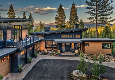 Mountain Modern Home Exterior, Northwest Contemporary, Mountain Home Exterior, Mountain Architecture, Martis Camp, Steel Bridge, Timber Homes, Railings Outdoor, Modern Mountain Home