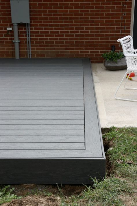 Deck Edge Ideas, Decking Edging Ideas, Simple Trex Deck Ideas, Wood Deck With Concrete Patio, Decking Layout Ideas, Trex Deck Patterns, Wood Deck Concrete Patio Combo, Concrete Deck Ideas Raised, Composite Deck Ideas Layout