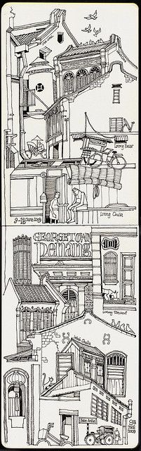 Compilation of some old buildings found in Georgetown, Penang. Done on site during my walkabouts in the city. They were drawn and composed one by one from the dates 9 to 13 June.  Done on Moleskine Watercolour Notebook (large size) with Lamy Safari Charcoal extra fine fountain pen with Noodler’s Ink – Polar Black. Store Drawing, Georgetown Penang, Lamy Safari, Moleskine Sketchbook, Moleskine Art, Building Drawing, Building Illustration, Line Sketch, Architectural Sketch