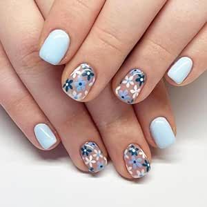 Light Blue Flowers Press on Nails Square Short Fake Nail Spring Daisy Flowers Designs Full Cover Coffin Glue on Acrylic Nails with French Artificial Fingernail Kit for Women Girls Decoration 24 pcs Light Colored Nails, Colored Nail Tips, Short Fake Nails, Colorful Nails, Purple Nail, Fake Nails With Glue, Nails For Women, Stick On Nails, Fabulous Nails