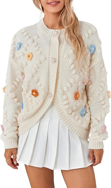 Women Fashion Crochet Cardigan Handmade Sweater Button Down 3D Flower Long Sleeve Fall Casual Sof... | Amazon (US) Classy Plus Size Outfits, Cardigan Handmade, Handmade Sweater, Fashion Crochet, Tennis Skirt, Crochet Cardigan, Casual Fall, Skirt Fashion, Plus Size Outfits