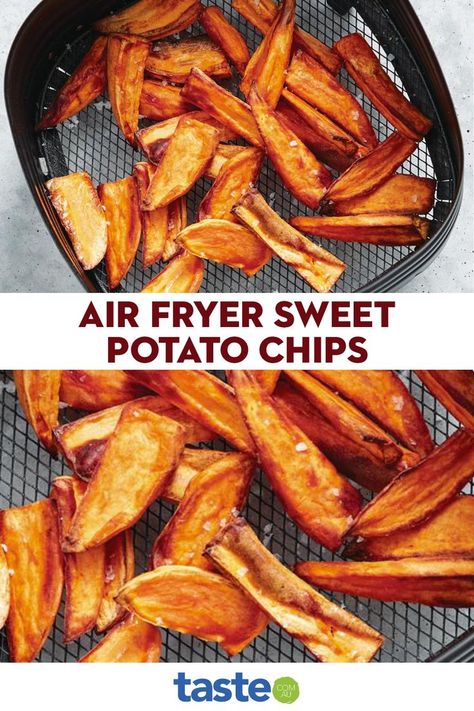 Sweet Potato Chips Air Fryer, Air Fryer Sweet Potato Chips, Chips Air Fryer, Sweet Patato, Sweet Potato Chips Recipe, Air Fryer Cooking, Crispy Chips, Cooks Air Fryer, Cooking Sweet Potatoes