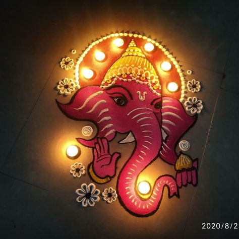 Laxmi Ganesh Rangoli, Happy Diwali Rangoli Aesthetic, रंगोली डिजाइन For Diwali, Labh Pancham Rangoli, Aesthetic Rangoli Designs For Diwali, Ganesh Ji Rangoli Design, Ganpati Bappa Rangoli Designs, Ganeshji Rangoli, Rangoli Designs Ganpati