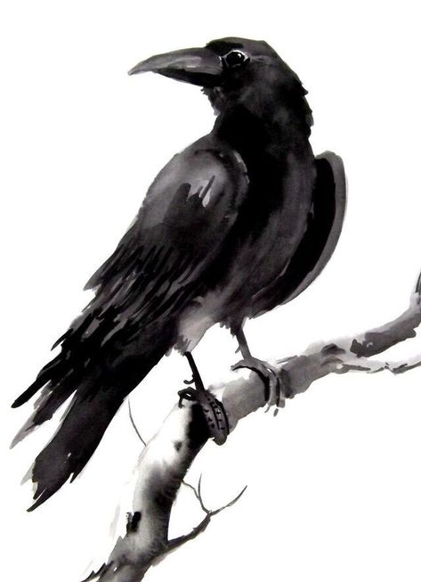 Crow Drawing, Bird Tattoo Back, Tattoo Feather, Crows Drawing, Crow Painting, Black Bird Tattoo, Crow Tattoo, Crow Art, Watercolor Water