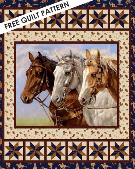 Free quilt pattern: make a beautiful western quilt with Riley Blake Designs' horse panel and Ride the Range fabric prints by Tara Reed. Perfect to snuggle up and watch your favorite western dramas on tv! Wildlife Quilts, Western Quilts, Panel Quilt Patterns, Tara Reed, Horse Quilt, Horse Fabric, Fabric Panel Quilts, Quilt In A Day, Beginner Quilt Patterns