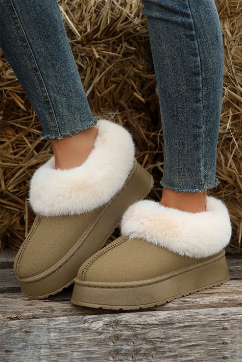 $7.4 Sage Plush Suede Trim Thick Sole Flat Snow Boots Wholesale Color Castaño, Fluffy Boots, Plush Shoes, Warm Shoes, Shoes Boots Ankle, Ankle Boots Flat, Suede Flats, Snow Shoes, Green Suede