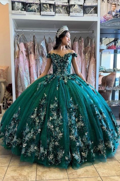 Dark Green Quinceanera Dresses Off The Shoulder, Dark Green Qinsenara Dresses, Emerald Green Quncie Dresses, Dark Green Dress Quinceanera, Emerald Green Quincena Dress, Quencinera Dresses Green, Emarld Green Quinceanera Dresses, Jade Green Quinceanera Dresses, Quincenera Dresses Emerald