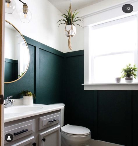 Rainforest green - behr Modern Green Bathroom, Dark Green Bathrooms, Diy Board And Batten, Top Bathroom Design, Luxury Bathroom Master Baths, Dark Green Walls, Small Bathroom Makeover, Diy Bathroom Decor, Bathroom Redo