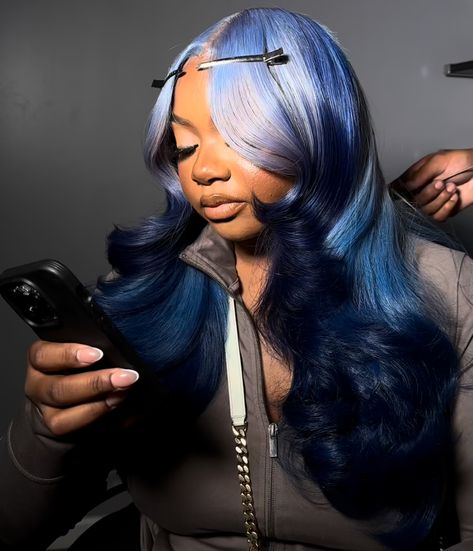 36 Inch Body Wave Wig, Winter Weave Hairstyles Black Women, Blue And Green Braids For Black Women, Colored Wig Styles For Black Women, Bald Colored Hair, Cute Black Wig Hairstyles, Ombré Wig Colors, Light Blue Wig Install, Adore Blue Hair Dye