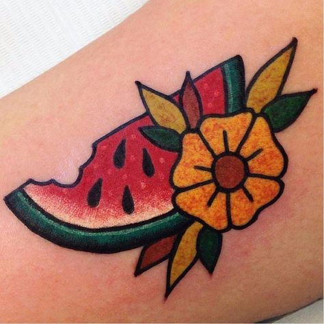 Watermelon tattoo by Val Bleh. #watermelon #fruit #tropical #melon #juicy #traditional #summer Watermelon Tattoo, Tattoo Sleeve Filler, Fruit Tattoo, Traditional Style Tattoo, Summer Tattoo, Traditional Tattoo Design, Watermelon Fruit, Traditional Tattoos, Tattoo Life