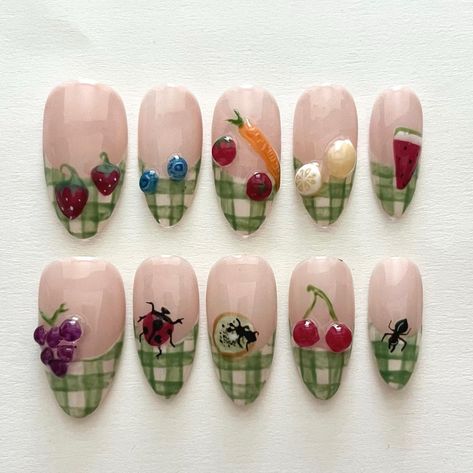 picnic season 🧺🍒🫐 shape: medium almond . . . . . . . . . . . . . . #fruitnails #fruitnailart #picnicnails #summernails #springnails #3dnailart #3dfruitnails #nailart #naildesign #naturalnails #naturalnailart #corvallisoregon #osu #oregonstate #plaidnails Garden Themed Nails, Picnic Nails, Fruit Nail Art, Natural Nail Art, Medium Almond, Plaid Nails, Cute Gel Nails, Finger Painting, 3d Nail Art