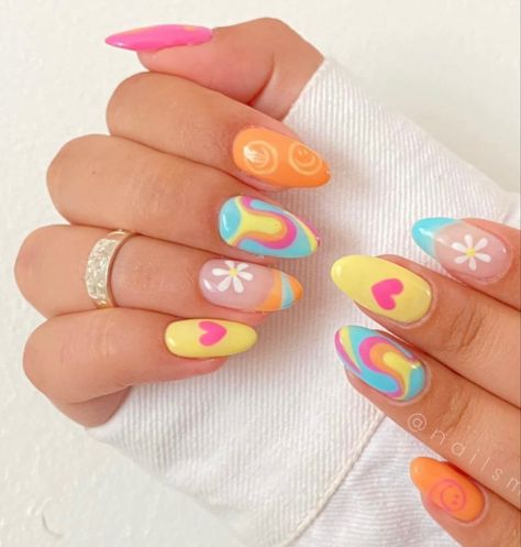 Nails And Rings, Multicolored Nails, Unghie Nail Art, Spring Acrylic Nails, Hippie Nails, Colorful Nail, Colorful Nails, Summery Nails, Summer Acrylic Nails