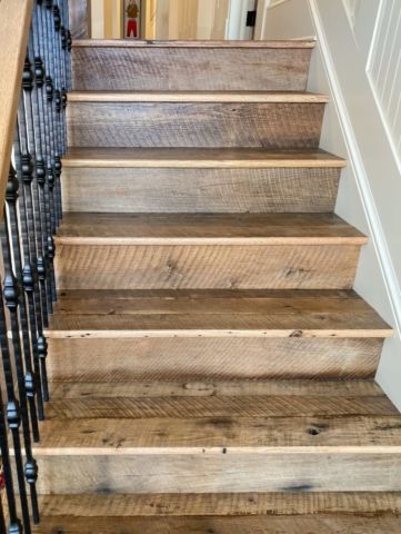 Antique Reclaimed Original Face Oak Stair Treads + Risers Wood Stained Stairs, Rustic Stair Treads, Rustic Wood Railings For Stairs, Wood Stair Treads And Risers, Stair Tread Ideas, Reclaimed Wood Staircase, Raw Wood Stair Treads, Cabin Stairs, Pine Stair Treads