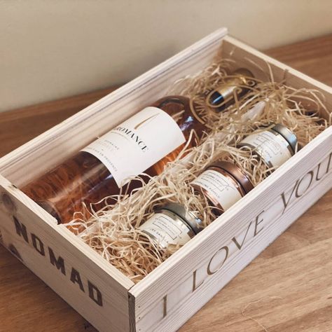 A bespoke personalised wooden hamper containting a bottle of premium Provence rose wine and 3 x Gatcombe candles With this beautiful personalised wooden hamper that includes a bottle of premium Provence rose wine ABV 13% and 3 deliciously scented candles. Our wines come from independant family vineyards and all of our wines are of premium quality. This is going to make a lucky someone very happy! The gorgeous hamper can be reused as decoration afterwords! This product contains alcohol. By purcha Alcohol Hamper, Wine And Candles, Wooden Hamper, Hampers Idea, Hamper Gifts, December Gift, Wine Hampers, Personalised Gifts Diy, Vintage Bottle